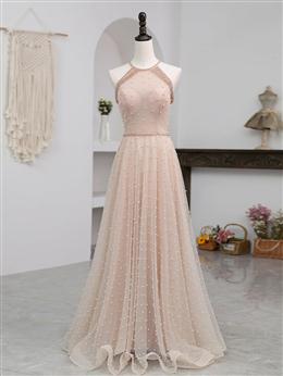 Picture of Pink Beaded Tulle Halter Long Formal Dresses Evening Dresses, Pink Long A-line Party Dresses